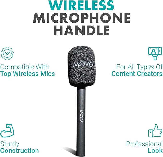 Movo WMX-HM Mic Handle for DJI Mic, Rode Wireless GO, Hollyland Lark, and More - Wireless Interview Microphone Handle - Wireless Lav Mic Adapter for Vlogging, Interviews, Podcasting, Content Creation