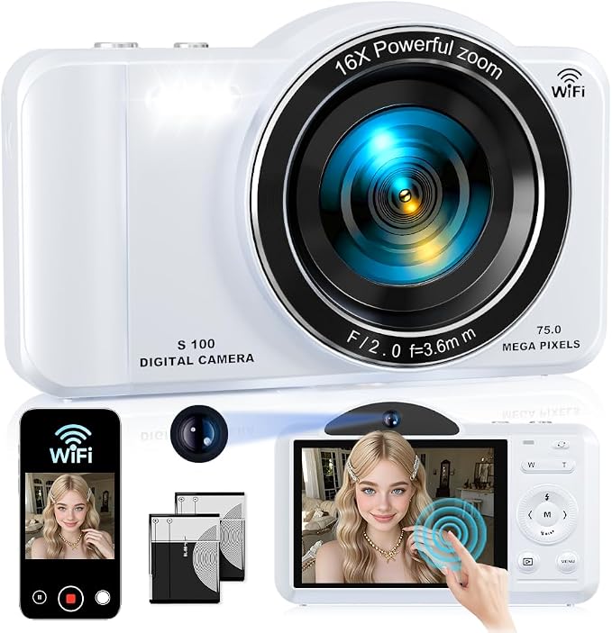 Digital Camera, 4K WiFi 75MP Dual Camera Point and Shoot Camera with Touchscreen and 16X Zoom, Autofocus Vlogging Cameras for YouTube and Travel, with 32GB Card for Kids, Teens, Beginners (White)