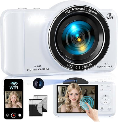 Digital Camera, 4K WiFi 75MP Dual Camera Point and Shoot Camera with Touchscreen and 16X Zoom, Autofocus Vlogging Cameras for YouTube and Travel, with 32GB Card for Kids, Teens, Beginners (White)