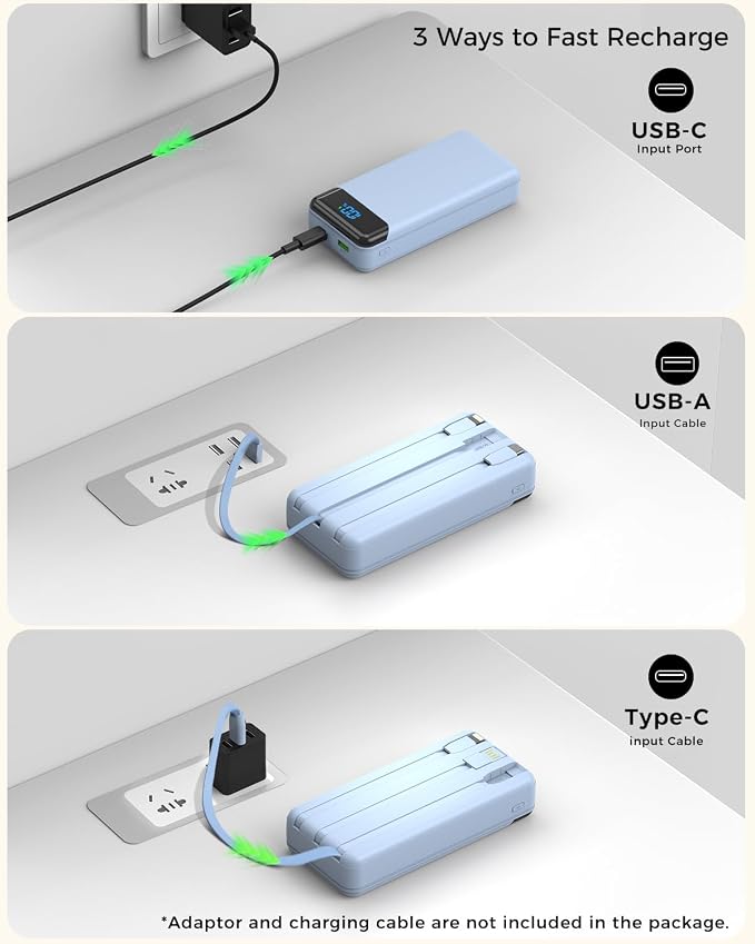 Portable Charger 40000mAh Power Bank, PD 22.5W Fast Charging | Built-in Cable, 4 Output 3 Input, Digital Display, Compatible with iPhone 17 16 15 14 13 Android