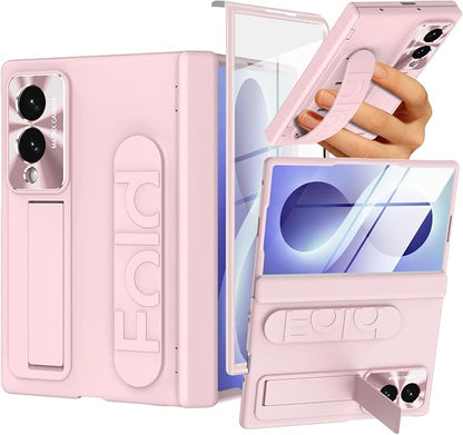NINKI Screen Protector for Samsung Galaxy Z Fold 8 Phone Case with Hand Strap, Cute Kickstand for Samsung Z Fold 8 Finger Holder Cover, Hinge Protective Cover for Galaxy Fold 8 Case Womens Girls Pink