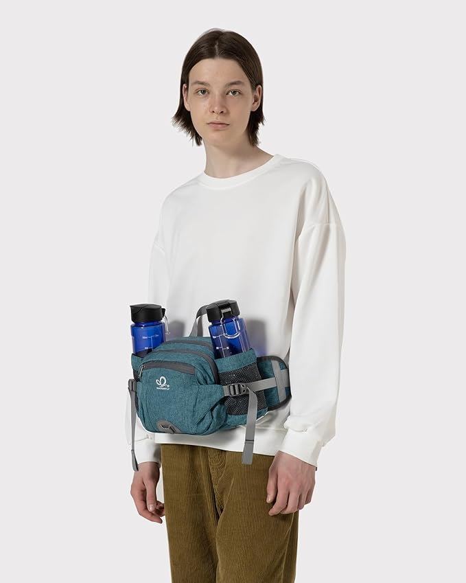 WATERFLY Fanny Pack Waist Bag: Fannie Pack 2 Water Bottle Holders Lumbar Belt Hiking Walking Running Jogging Camping Large Woman Man (Bottle Not Included)