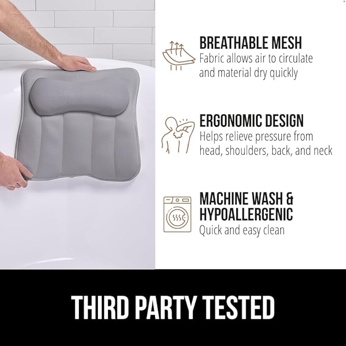 GORILLA GRIP Bath Pillow for Tub, 6 Strong Suction Cups, 4D Mesh FlexComfort Headrest for Neck, Head and Back Support, Luxury Machine Washable Pillows, Bathtub Accessories, Spa Gifts for Women, Gray