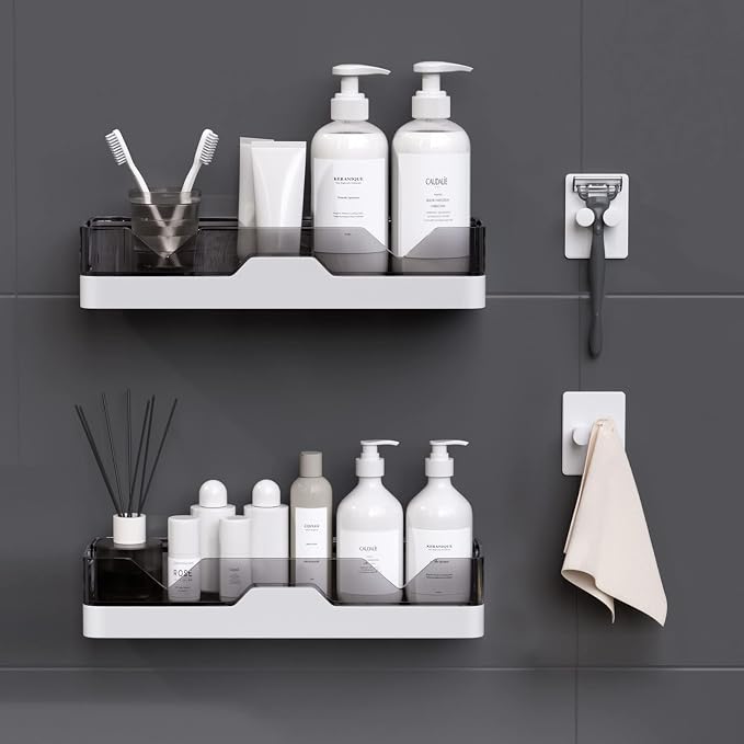 2-Pack Adhesive Shower Caddy, Shower Shelves with Hooks, No Drilling Shower Racks for inside shower & Kitchen Storage