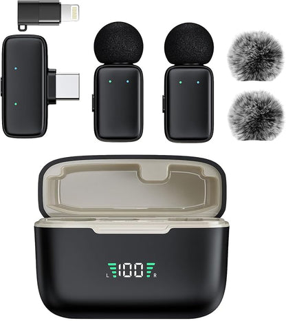 Mini Wireless Lavalier Microphone for iPhone/Android/Tablet/PC with Lightning/USB-C Plug, Noise Cancellation, Wireless Clip-on Mic with Charging Case for Video Recording TikTok YouTube Podcast