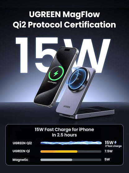 UGREEN Qi2 15W MagFlow Wireless Charger, 2-in-1 MagSafe Fast Charging Station, Foldable Charger Stand for iPhone 17/16/15/14/13/12 Series, AirPods 4/3/2/Pro, with a 3.3FT USB C Charging Cable Grey