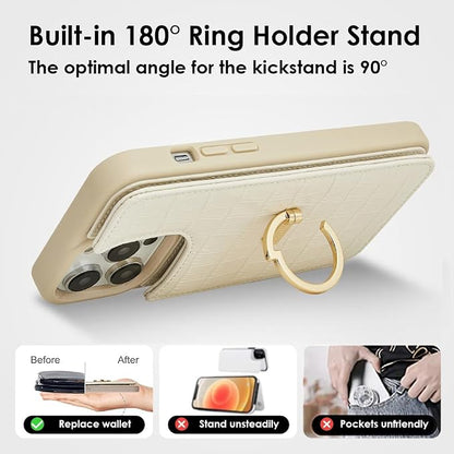 CUSTYPE for iPhone 14 Pro Phone Wallet Case with Card Holder,Ring Holder Kickstand Card Slots,Flip Leather Case Women and Men for iPhone 14 Pro 6.1"-Beige
