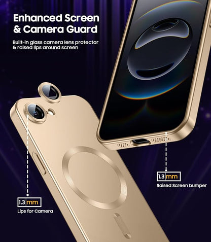 Magnetic for iPhone 17e Case/iPhone 16e Case [Compatible with MagSafe][Built-in Camera Lens Protector] Slim Soft Silicone Bumper Shockproof Metallic Luster 17e Phone Case (Gold)
