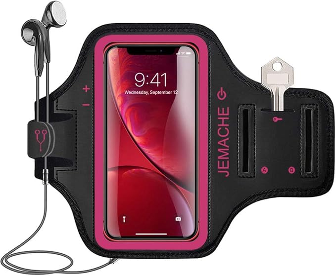 iPhone 17 16 15 Armband, JEMACHE Water Resistant Gym Running Workouts Arm Band for iPhone 17 16 15 14 13 12 Pro (Rose)