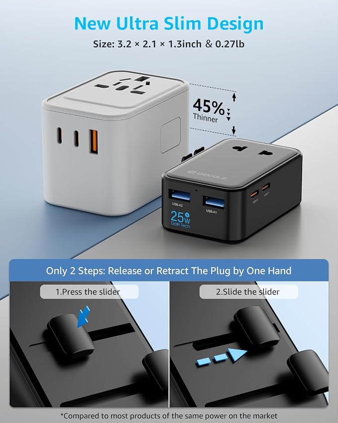 “Air” Universal Travel Adapter 2 USB-C＆ 2 USB-A Cover 200+ Countries | PD 25W, International Plug Adapter, All in One Portable Adapter, NOT A Voltage Converter, for USA, UK, EU, AU (Black)