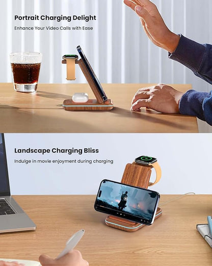 Wireless Charging Station: GEEKERA 3 in 1 Foldable Wireless Charger Stand for iPhone 17/16/15/14/13/12/11/Pro Max/X/8, Charging Station for Apple Watch Ultra/SE/11/10/9/8/7/6/5/4, AirPods 4/3/2/Pro