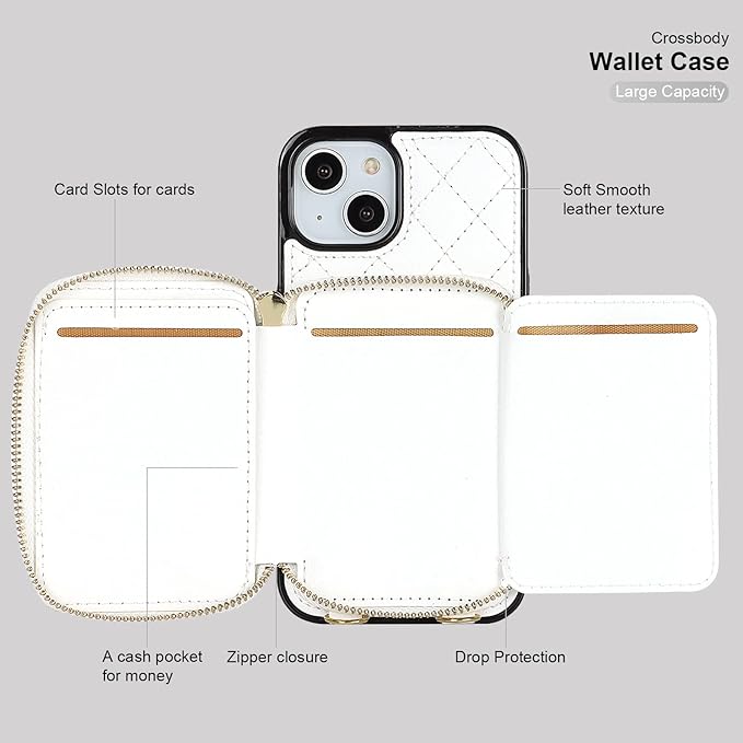Bocasal Crossbody Wallet Case for iPhone 14, RFID Blocking PU Leather Zipper Handbag Purse Flip Cover, Kickstand Folio Case with Card Slots Holder Wrist Strap Lanyard 5G 6.1 Inch (White)