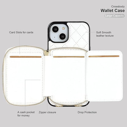 Bocasal Crossbody Wallet Case for iPhone 14, RFID Blocking PU Leather Zipper Handbag Purse Flip Cover, Kickstand Folio Case with Card Slots Holder Wrist Strap Lanyard 5G 6.1 Inch (White)