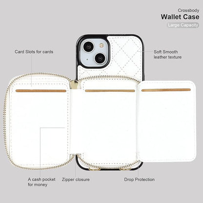 Bocasal Crossbody Wallet Case for iPhone 13, RFID Blocking PU Leather Zipper Handbag Purse Flip Cover, Kickstand Folio Case with Card Slots Holder Wrist Strap Lanyard 5G 6.1 Inch (White)