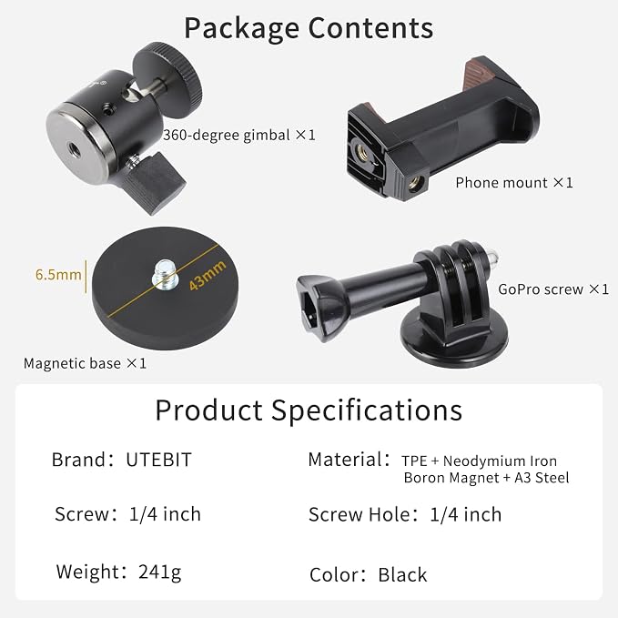 UTEBIT Magnet Camera Mount for Action Camera, 43mm Strong Magnetic Base Mount with 360° Rotation Ball Head & Phone Holder Mount, Compatible with Gopro Hero, DJI Osmo Action Osmo Nano, Insta360, Black