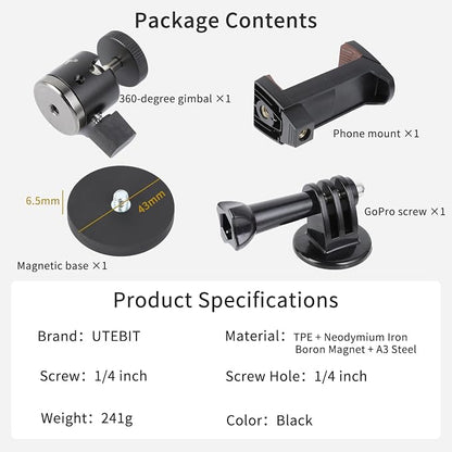 UTEBIT Magnet Camera Mount for Action Camera, 43mm Strong Magnetic Base Mount with 360° Rotation Ball Head & Phone Holder Mount, Compatible with Gopro Hero, DJI Osmo Action Osmo Nano, Insta360, Black