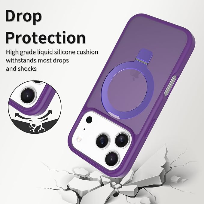 Ultra-Magnetic Stand for iPhone 17 Pro Case [Military Drop Protection] [Compatible with MagSafe] Shockproof Translucent Matte Slim Ring Holder Case for iPhone 17 Pro (Purple)