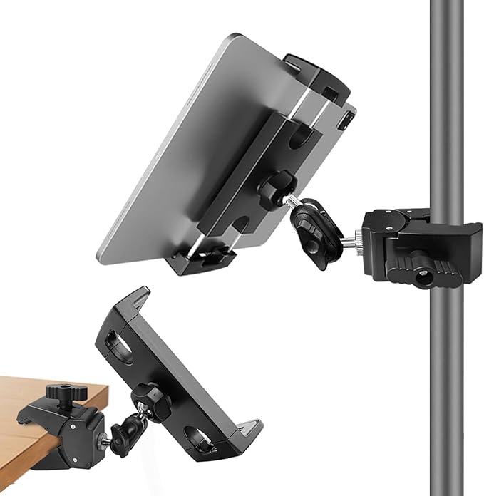 Mic Stand Tablet Holder, 360° Swivel iPad Mic Stand Holder Phone iPad Holder for Mic Stand/ Treadmill/ Spin Bike/ Peloton Exercise Bike Handlebar Mount, Fits 4-12.9" iPad, iPhone, Android Smartphones