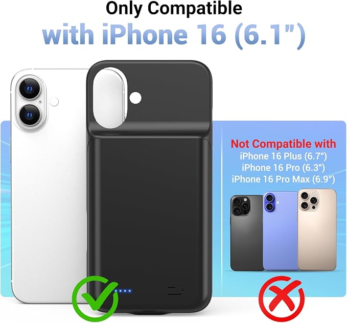 Battery Case for iPhone 16, Ultra-Slim 7000mAh Portable Extended Charging Charger Case [2026 Upgraded] w/Tempered Glass Film for iPhone 16 (6.1inch), Black