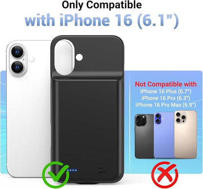 Battery Case for iPhone 16, Ultra-Slim 7000mAh Portable Extended Charging Charger Case [2026 Upgraded] w/Tempered Glass Film for iPhone 16 (6.1inch), Black