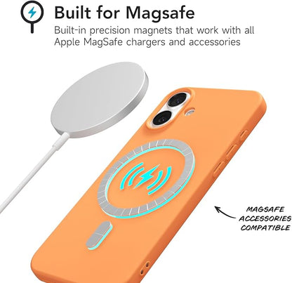 for iPhone 16 Plus Case Silicone Compatible with Magsafe Case, Ultra Slim Thin Magnetic Phone Cases Mag Safe, Cute Soft Rubber Gel TPU Matte Plain Wireless Charging Cover for Women, Neon Orange