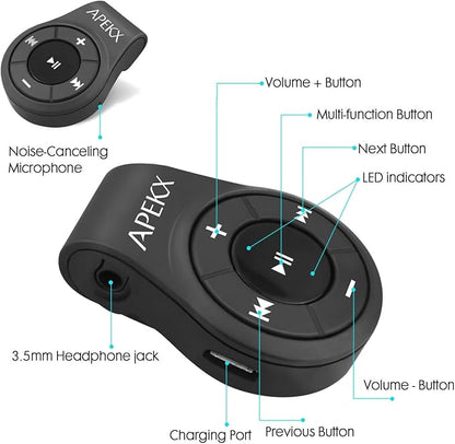APEKX Clip Bluetooth Audio Adapter for Headphones, Headset, Speaker, Wireless Receiver with MIC for Hands-Released Call and Music