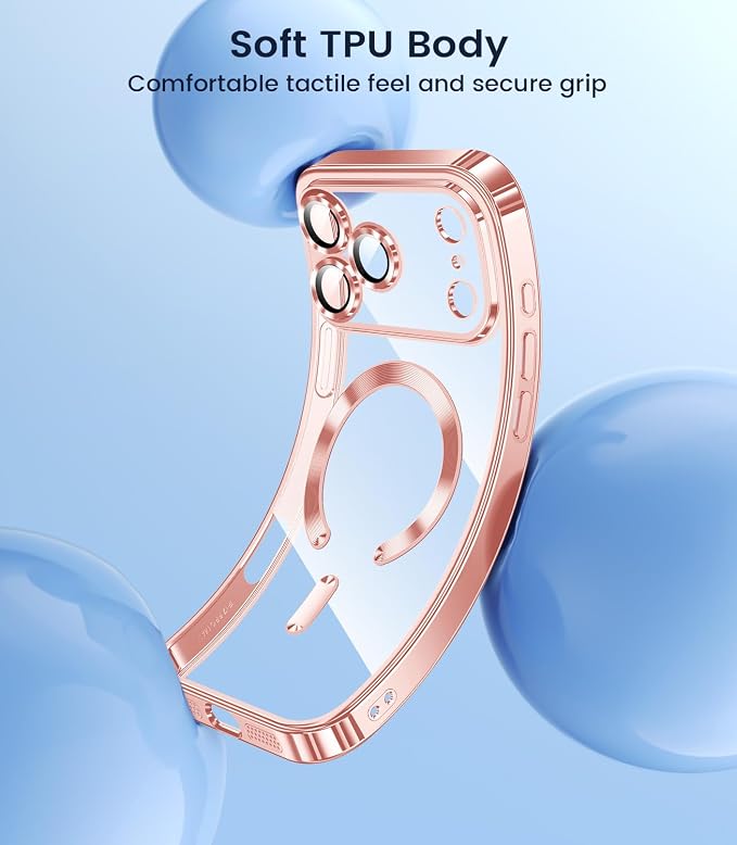 Slim Thin for iPhone 17 Pro Case Clear, Compatible with MagSafe, Built-in Camera Lens Protector, Shockproof Protective Phone Case, Soft Electroplated Magnetic Cover, Rose Gold/Pink
