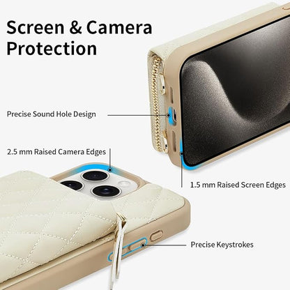 LAMEEKU Crossbody Phone Case for iPhone 15 Pro Max, Zipper Card Holder, RFID Blocking Chain Strap Cover for Women 6.7" Beige