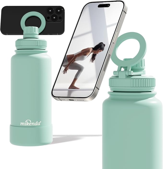 32oz Insulated Tumbler with Magnetic Phone Holder, Gym Water Bottle | Leak Proof Lid, 24hr Cold & 12hr Hot, Non-Slip Base | Travel Mug, Reusable & Eco-Friendly (mint green, 32, ounces)