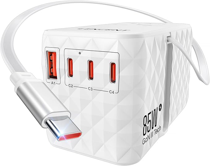 LENCENT 85W Universal Travel Power Adapter with Retractable USB C Cable | GaN International Travel Adapter with 1 USB-A & 3 Type C Fast Charging, Worldwide Plug Adaptor for US to EU UK Type C/G/A/I