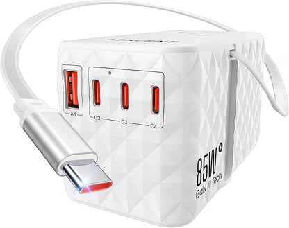 LENCENT 85W Universal Travel Power Adapter with Retractable USB C Cable | GaN International Travel Adapter with 1 USB-A & 3 Type C Fast Charging, Worldwide Plug Adaptor for US to EU UK Type C/G/A/I