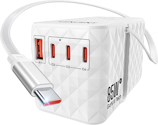 LENCENT 85W Universal Travel Power Adapter with Retractable USB C Cable | GaN International Travel Adapter with 1 USB-A & 3 Type C Fast Charging, Worldwide Plug Adaptor for US to EU UK Type C/G/A/I