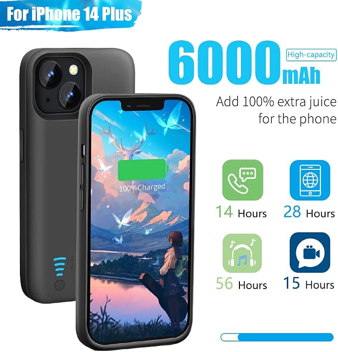 Sitong Battery Case for iPhone 14 Plus, 6000mAh Rechargeable Extended Battery Charging/Charger Case, Add 100% Extra Juice (6.7 Inches) Black