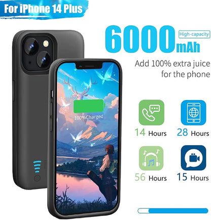 Sitong Battery Case for iPhone 14 Plus, 6000mAh Rechargeable Extended Battery Charging/Charger Case, Add 100% Extra Juice (6.7 Inches) Black