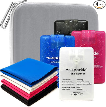 Sparkle Anti-Reflective Safe Square Lens Cleaner Spray Kit – 4 (20ml) Glasses Cleaner Spray with Microfiber Cloths & Travel Pouch for Eyeglasses, Lenses & Camera Cleaning Kit (9 Piece Set)