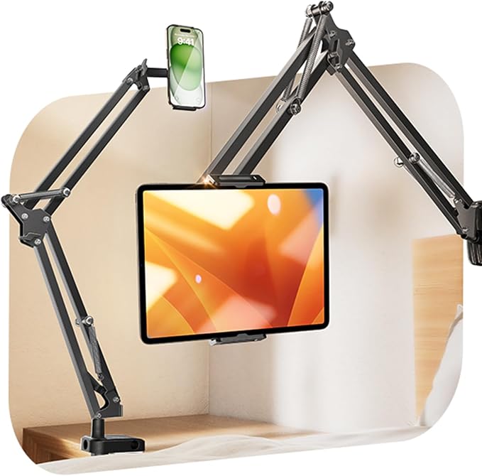 LISEN Tablet Stand iPad Stand for Desk Mount [Ultra Sturdy 2 Clamps] iPad Holder for Tablet Holder Mount Desk Accessories for Men fits iPad Air, iPad 12, iPhone 17e, 4-13" Device (Black)