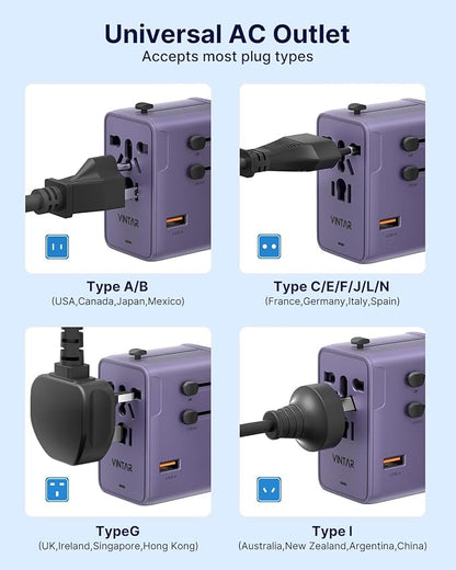 VINTAR 70W GaN Universal Travel Adapter, 5 in 1 with 3 USB-C PD& 1 USB-A QC | International Power Adapter with 70W GaN Fast Charging, All-in-one for EU UK USA AUS, Worldwide Travel Essentials, Purple