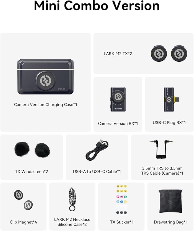 Hollyland Lark M2 Wireless Microphone for iPhone/Camera/Android/PC, 48kHz/24-bit High Fidelity Audio, 300m Range, Noise Cancelling, 40h Use, YouTube, Vlog, Streaming (Black, with Camera RX + USB-C RX)