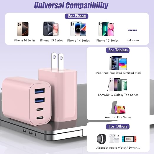USB Fast Charging Block, 4-Port 40W Charge Adapter Pink iPhone Apple USB C | Multiport Type C Fast Charger Plug for iPhone 17/17 Air/16e/16 Pro/16 ProMax/15/14/13/12,iPad Pro/iPad Air,iPad mini,iPad