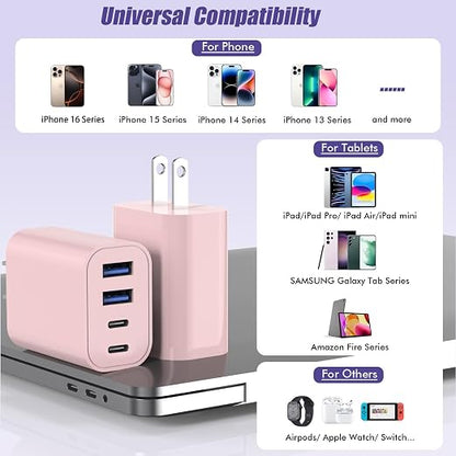 USB Fast Charging Block, 4-Port 40W Charge Adapter Pink iPhone Apple USB C | Multiport Type C Fast Charger Plug for iPhone 17/17 Air/16e/16 Pro/16 ProMax/15/14/13/12,iPad Pro/iPad Air,iPad mini,iPad