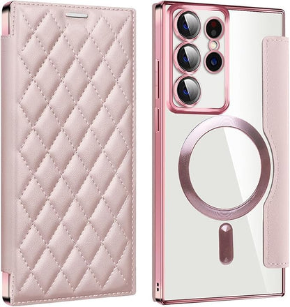 Leather Case for Samsung Galaxy S25 Ultra/S25 Plus/S25, RFID Blocking Flip Case Wireless Charging Magnetic with Card Holder Phone Cover (Pink,S25 Plus)