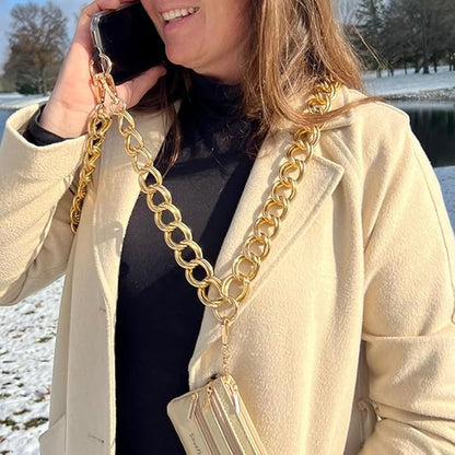 Save the Girls Clip and Go Double Link Chain (Gold - Gold Pouch) – Stylish Phone Lanyard Crossbody with Wallet for Women, Hands-Free Carrying and Adjustable Crossbody Chain Strap