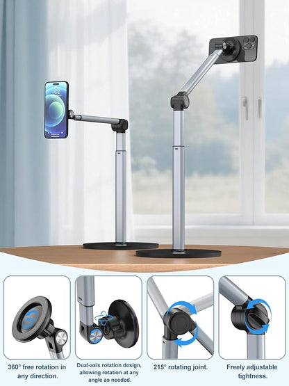Heavy Duty Aluminum Overhead Phone Stand for Recording, Adjustable iPhone Tripod for Overhead Shots, Sturdy Stand for Cooking, Crafting, Filming, Painting – Perfect for Creators（Magnetic）