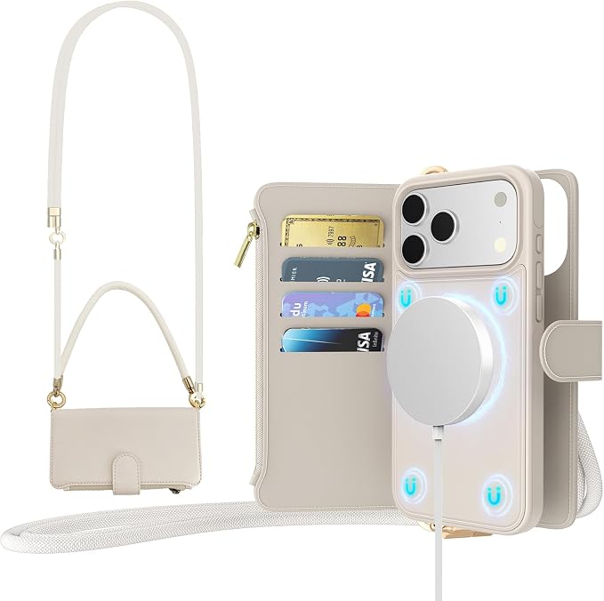 for iPhone 17 Pro Detachable Wallet Case with Crossbody.Multi-Function 2 in 1 Magnetic Wallet Case with Card Holder.Flip Strap Zipper Phone Case with Shoulder Straps (Cream apricot, iPhone 17 Pro)