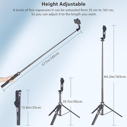 Koolehaoda 64" Magnetic Selfie Stick Phone Tripod with Wireless Remote, Compatible with MagSafe, Portable 5 in 1 Phone Tripod Fit for iPhone 15/14/13 Pro Max Gopro Android Camera & Tablet