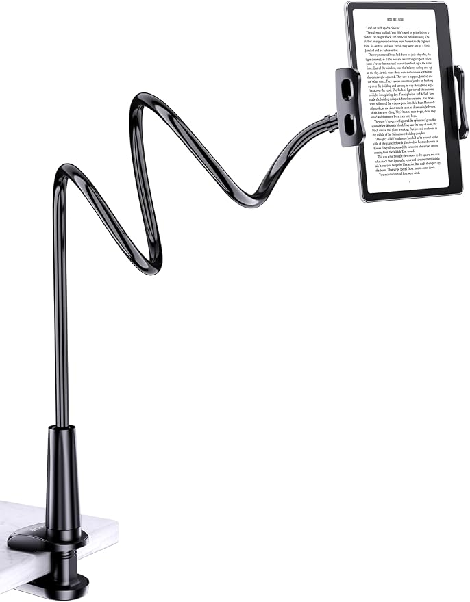 Tryone Gooseneck Kindle&Tablet Holder for Bed Hands-Free Reading on Bed Headboard for iPad, Kindle, and Switch, Flexible 30in Al-Mg Alloy Clamp Arm Stand for Tablets 4.7-10.5 in, Phone - Black - 30in