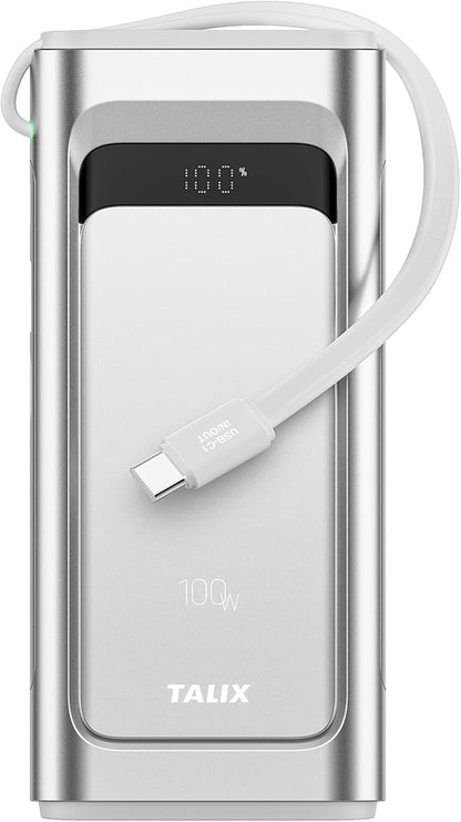 TALIX Portable Charger 100W, 10000mAh Power Bank with Built-in USB-C Cable, 3-Port Fast Charging Battery Pack for iPhone 17/16/15 Series, Samsung Galaxy, iPad, Steam Deck, Travel Essentials