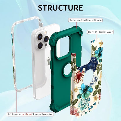 Hocase for iPhone 15 Pro Max Case, Heavy Duty Shockproof Protection Soft Silicone Rubber Bumper+Hard Plastic Hybrid Protective Case for iPhone 15 Pro Max 6.7" 2023 - Teal Flowers