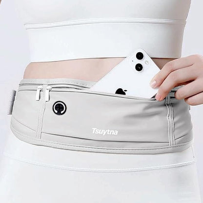 Running Belt for Women & Men - Slim Phone running belt with Water-Resistant Phone Holder, 3 pockets Adjustable Waist Strap, Reflective Safety Design for Running, Hiking, Travel，Fitness (Grey)