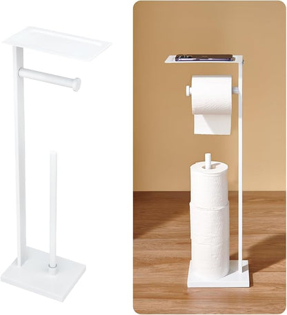 Freestanding Toilet Paper Holder for Bathroom–Stainless Steel Square Tissue Dispenser with Storage Tray & Roll Organizer (White)
